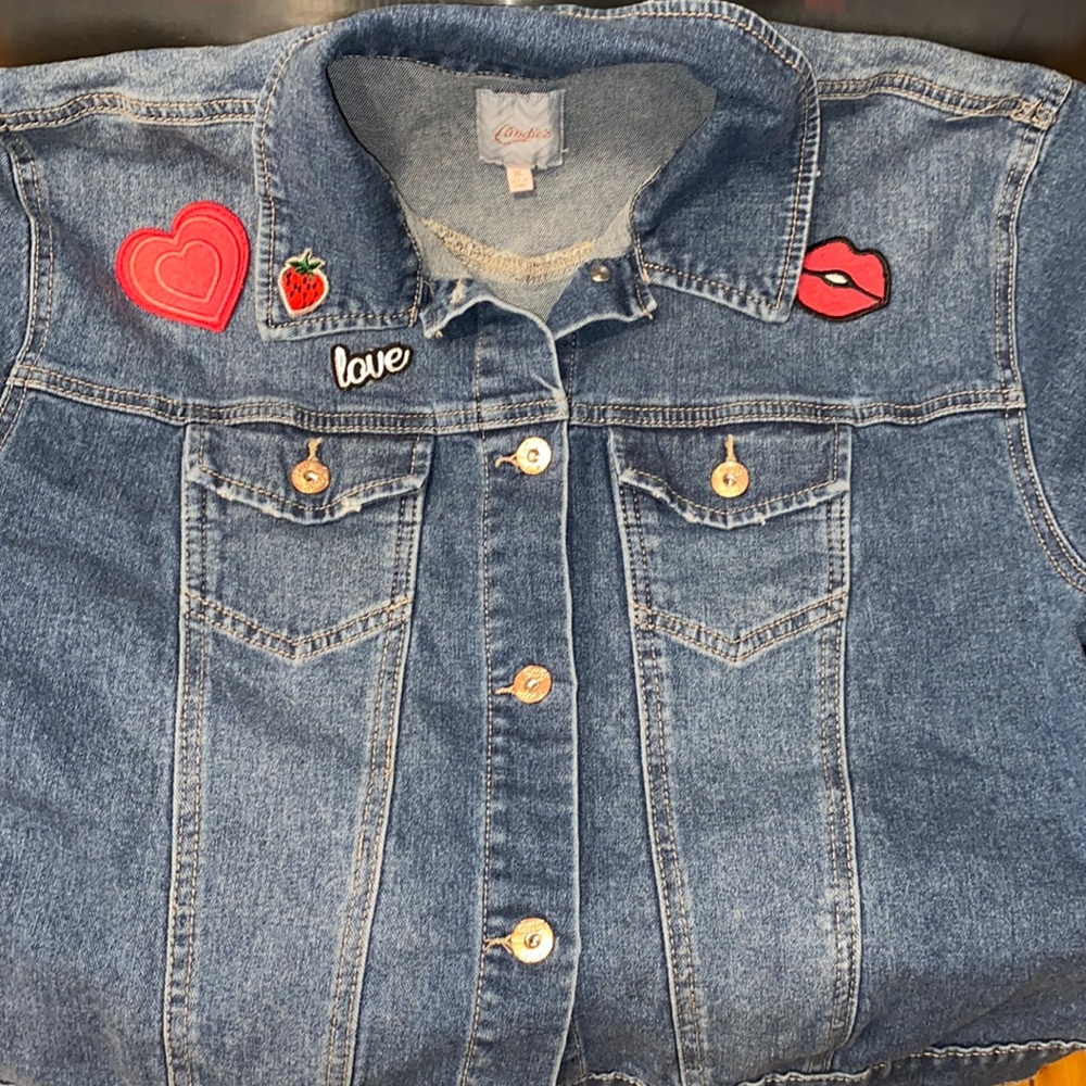 Candies Blue Denim Jean Jacket Heart Lips Love Appliqués Junior XL